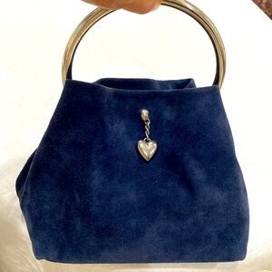 Vannini Italy small heart ❤️ bag navy blue suede leather silver chrome handle